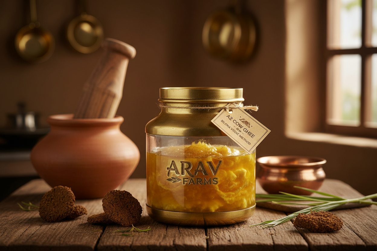 A2 Cow Ghee is crafted using the traditional Bilona Vedic method, my brand name arav farms